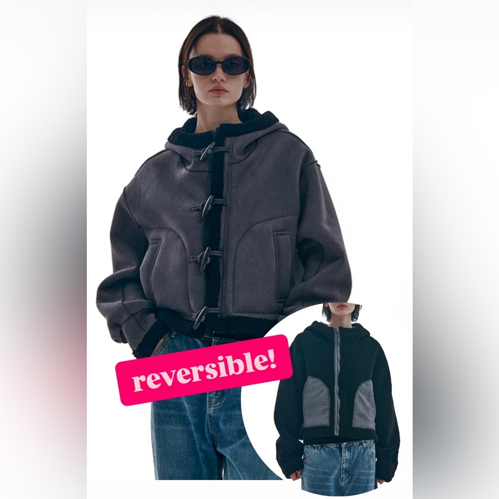 Reversible Duffle zip up hooded Crop Jacket coat faux suede Korea kpop